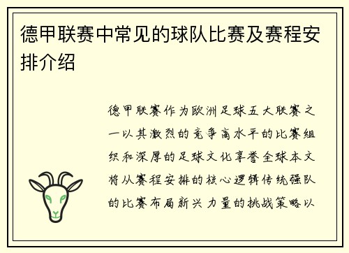 德甲联赛中常见的球队比赛及赛程安排介绍